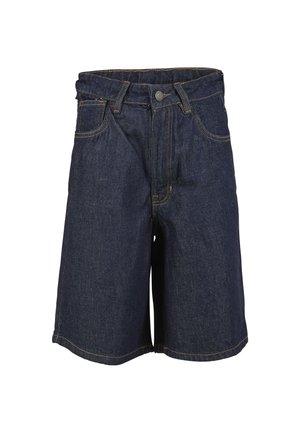 Mørkeblå denimshorts med forreste knap, bæltestropper og lommer, vist mod en hvid baggrund.