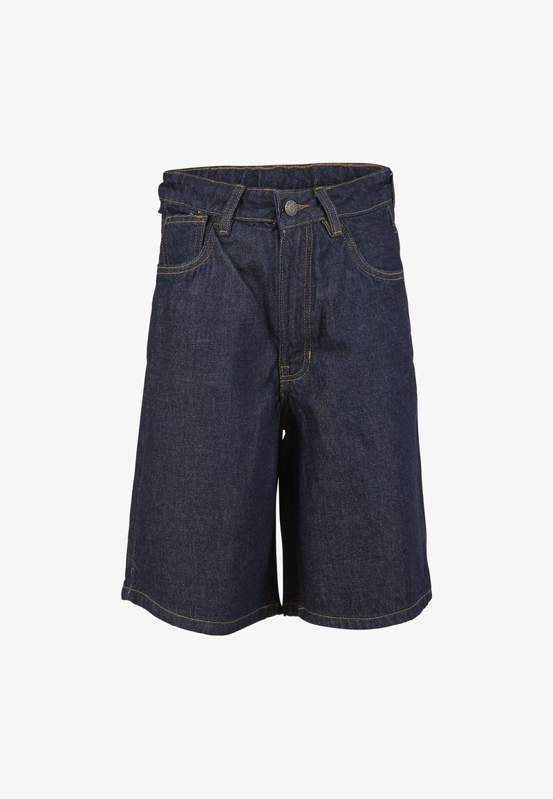 Short en denim bleu foncé avec bouton à l'avant, passants pour ceinture et poches, présenté sur fond blanc.