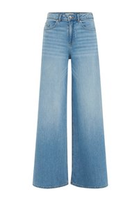 Široke svetlo modre denim hlače z visokim pasom, sprednjimi žepi in klasičnim gumbom za zapiranje. Gladka tekstura in obdelan rob.