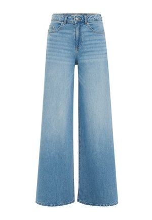 Široke svetlo modre denim hlače z visokim pasom, sprednjimi žepi in klasičnim gumbom za zapiranje. Gladka tekstura in obdelan rob.