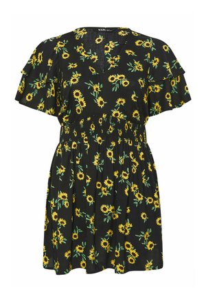 Schwarzes Kurzarmkleid mit gelbem Sonnenblumenmuster, V-Ausschnitt, elastischer Taille und lockeren, flatternden Ärmeln.