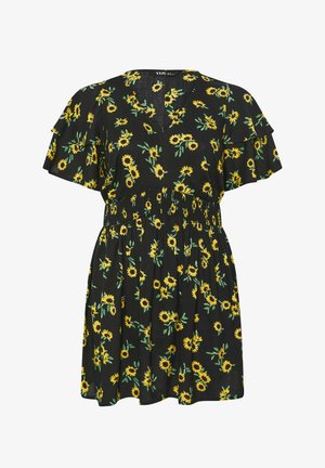 Vestito corto nero a maniche corte con stampa di girasoli gialli, scollo a V, vita elasticizzata e maniche larghe svolazzanti.