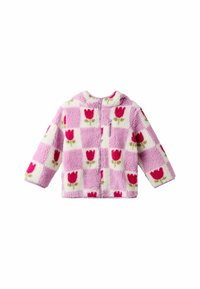 Fleece-Trainingsjacke mit pink-weißem Karomuster und roten Tulpenblumen. Weicher Stoff und mit Kapuze.