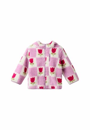Fleece-Trainingsjacke mit pink-weißem Karomuster und roten Tulpenblumen. Weicher Stoff und mit Kapuze.