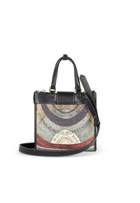 Zwarte leren handtas met bovenhandvatten en een afneembare schouderriem, voorzien van een meerkleurig, kaartachtig patroon en gouden hardware.