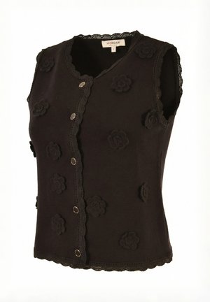 Cardigan noir sans manches avec des boutons-pression à l'avant, des appliques florales texturées et une bordure en dentelle festonnée sur le décolleté, les emmanchures et l'ourlet.