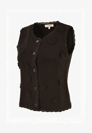 Cardigan noir sans manches avec des boutons-pression à l'avant, des appliques florales texturées et une bordure en dentelle festonnée sur le décolleté, les emmanchures et l'ourlet.