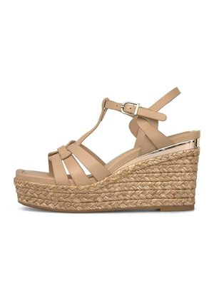 Sandalia de cuña beige con plataforma de yute trenzado, tira en T, hebilla en el tobillo y diseño de punta abierta.