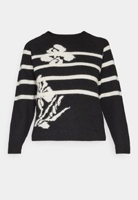 Maglione nero a maglia con strisce orizzontali bianche e motivi floreali, dotato di scollatura rotonda e polsini e orlo a costine.