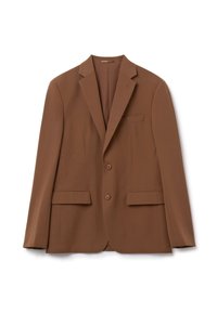 Blazer marrone da uomo realizzato in tessuto liscio, con revers a punta, due tasche frontali e due bottoni sul davanti.