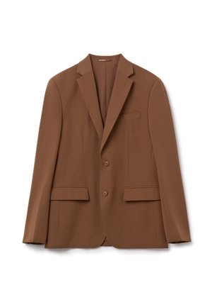 Blazer marrone da uomo realizzato in tessuto liscio, con revers a punta, due tasche frontali e due bottoni sul davanti.