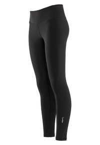 Black high-waisted leggings made from stretchy fabric. Smooth texture, fitted shape, ankle length, with a small logo detail near the hem.