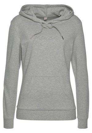 Jasnoszara bluza z kapturem z długim rękawem, z przednią kieszenią kangurzą i troczkami, z haftowanym logo "Bench" na piersi.
