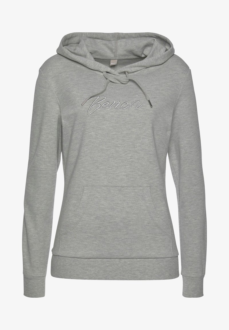 Sweat à capuche gris clair à manches longues avec poche kangourou devant et cordons, avec le logo "Bench" brodé sur la poitrine.