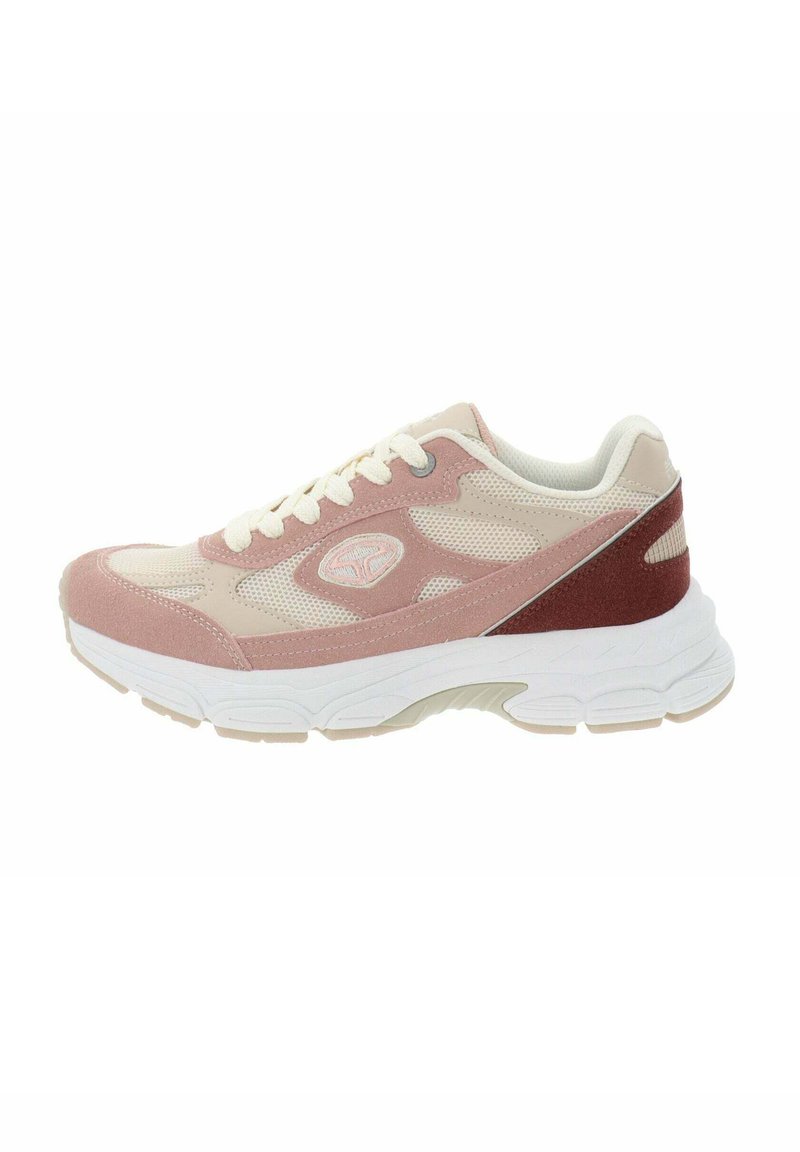 Scarpa sportiva rosa chiaro con materiali in rete e suede, suola intermedia bianca e un pannello di accentuazione bordeaux sul tallone. Design con lacci.