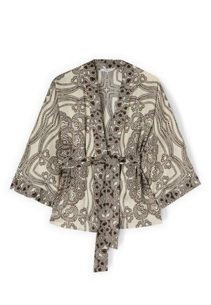 Beige kimono-stijl jas met wijde mouwen, donkerbruine ingewikkelde bloem- en geometrische patronen, en een bijpassende stoffen riem in de taille.