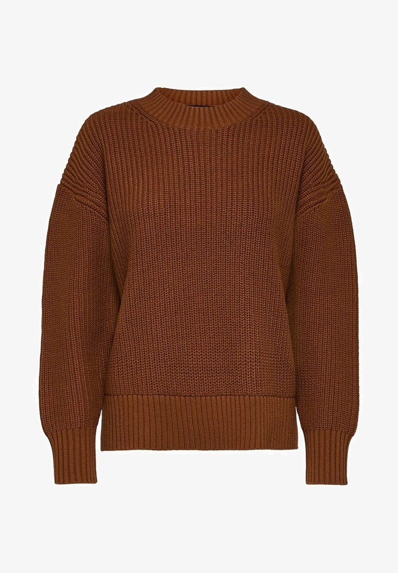 Pull marron à manches longues en maille épaisse avec col rond, poignets et ourlet côtelés, présentant un motif tissé texturé sur toute la surface.
