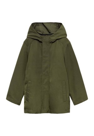 Veste à capuche vert olive avec manches longues, fermeture éclair avant sous patte et deux poches latérales verticales, présentée sur fond blanc.