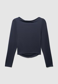 Top a maniche lunghe blu navy con scollo arrotondato e orlo cropped, realizzato in un tessuto morbido e elasticizzato. Dettagli di cucitura minimi.
