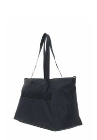 Grand sac cabas noir en tissu texturé. Comprend deux longues poignées et une fermeture supérieure zippée, avec une poche avant plate.