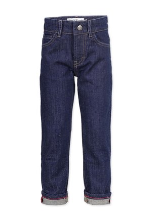 Dunkelblaue Jeans mit geradem Bein und umgeschlagenen Säumen, Knopfverschluss, Vorder- und Gesäßtaschen sowie sichtbaren Nahtdetails.