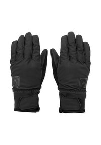 Des gants noirs en tissu durable présentent une prise texturée sur les paumes, des poignets élastiques et un patch logo au dos pour plus de détails.