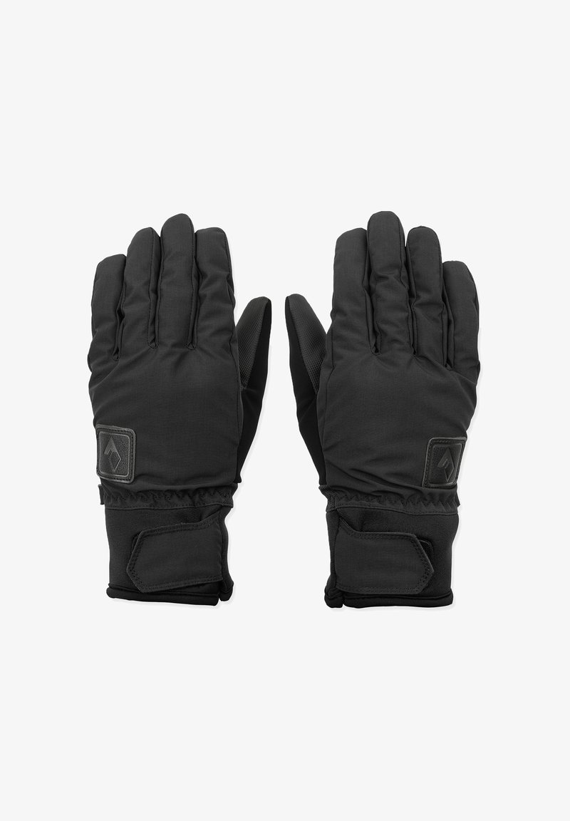 Des gants noirs en tissu durable présentent une prise texturée sur les paumes, des poignets élastiques et un patch logo au dos pour plus de détails.