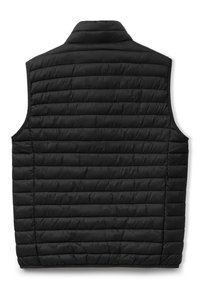 Svart pufferväst med hög krage, med quiltade horisontella linjer och en slät yta, designad utan ärmar för enkel lagring.