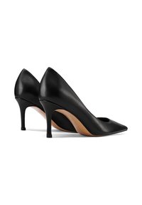 Décolleté nere in pelle con tacco alto, punta affusolata, design elegante e tacco a stiletto sottile. Texture liscia con suola color marrone chiaro.