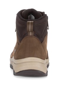 Bruine wandelschoenen met een bovenkant van suède en mesh, een gevoerde kraag, een achterrits en een rubberen zool met profiel voor grip.