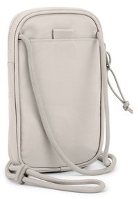 Light gray crossbody bag with a textured fabric, smooth edges, adjustable strap, and a small front pocket. Compact and functional design.