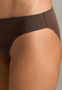 Barna anyagú bikini alsó, sima textúrájú, közepes magasságú fazon, minimális varrási részletekkel, szorosan illeszkedik a derékhoz és a csípőhöz.