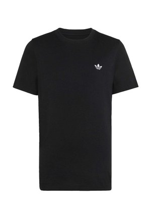 Čierne tričko s krátkym rukávom a okrúhlym výstrihom s malým bielym logom Adidas trefoil na ľavej hrudi.