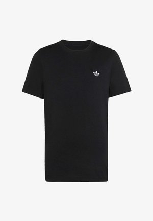 Czarna koszulka z krótkim rękawem i okrągłym dekoltem oraz małym białym logo Adidas trefoil na lewym biuście.