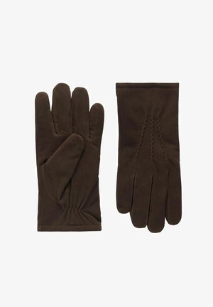 Brune handsker lavet af blødt materiale, med en glat overflade, fem-finger design og samlet håndledsdetail for en tætsiddende pasform.