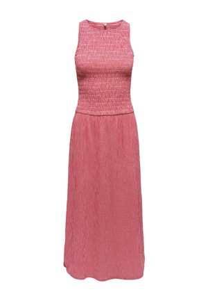 Mouwloze midi-jurk met rood-wit geruit patroon, aansluitend lijfje en licht uitlopende rok, ronde halslijn en knoopsluiting aan de achterkant.