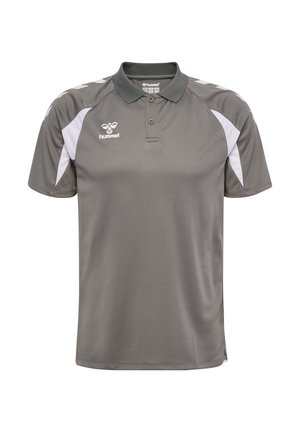 Szara koszulka polo z krótkim rękawem, białymi akcentami na ramionach, kołnierzykiem zapinanym na guziki oraz białym logo Hummel na lewej piersi.