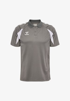 Grå kortærmet polo med hvide skulderdetaljer, knappet krave og hvid hummel-logo på venstre bryst.