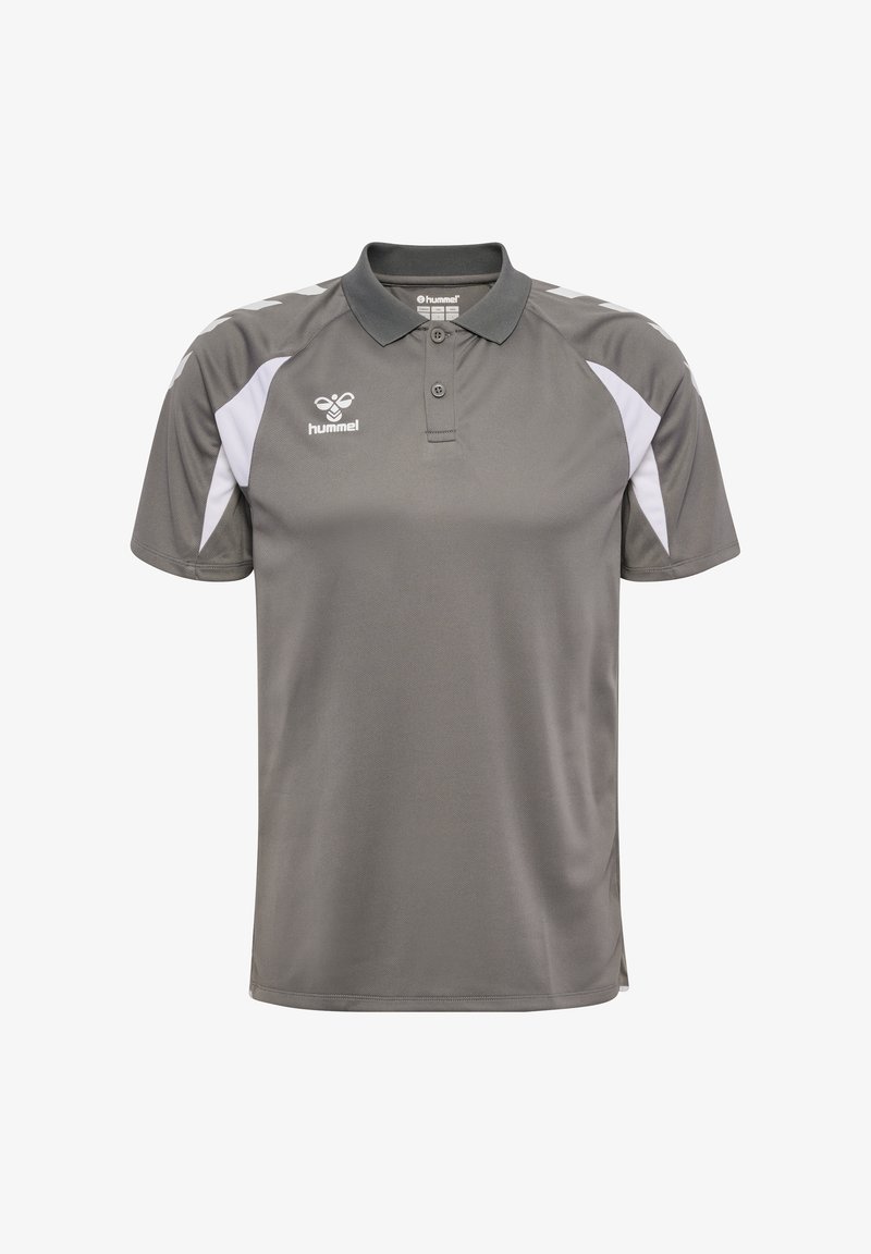 Grijs poloshirt met korte mouwen, witte accenten op de schouders, een kraag met knopen en een wit hummel-logo op de linkerborst.
