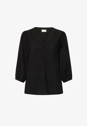 Bluză neagră cu decolteu în V, mânici puff 3/4 și detalii cu butoane. Fabricată dintr-un material texturat, cu o croială lejeră și un tiv ușor strâns.