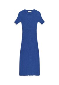 Knitted blue ribbed dress with short sleeves, fitted silhouette, and a scalloped hem. Soft texture with a smooth finish.