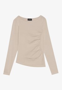 Long-sleeve shirt in beige fabric featuring a round neckline and side ruching detail, with a straight hemline and soft texture.