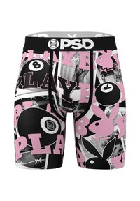 Boxer noir avec un imprimé graphique de texte rose "PLAY", des motifs de boule 8 et des logos Playboy sur un fond texturé. Ceinture noire.