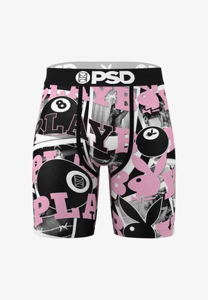 Boxer neri con stampa grafica rosa "PLAY", design con palle da biliardo numero 8 e loghi Playboy su uno sfondo testurizzato. Vita nera.