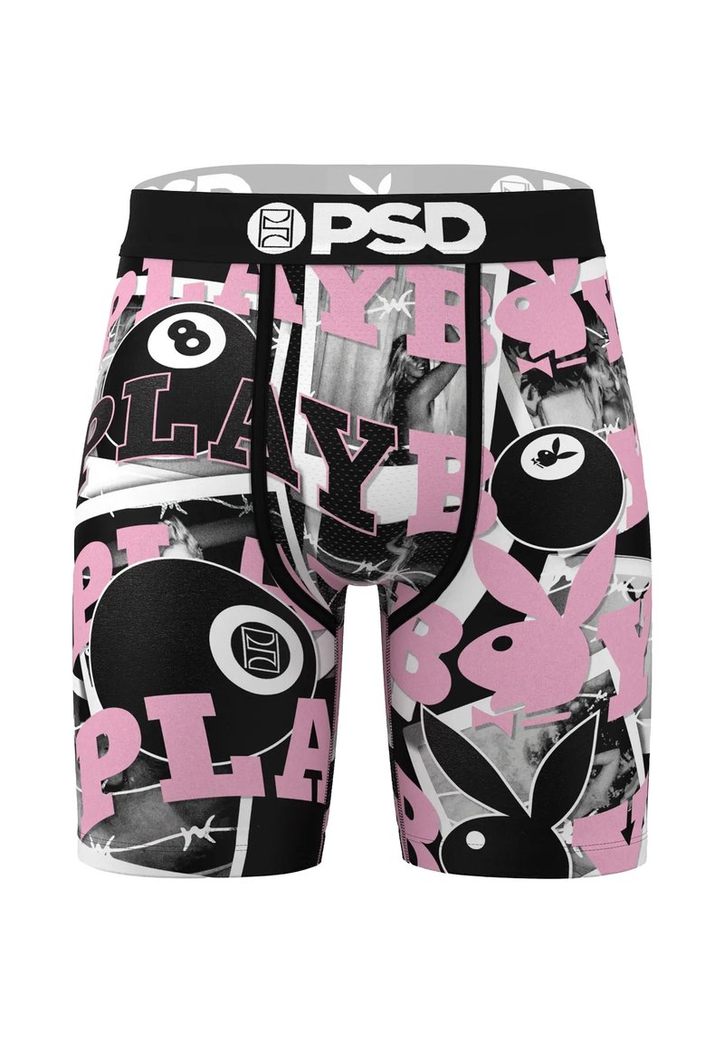 Boxer noir avec un imprimé graphique de texte rose "PLAY", des motifs de boule 8 et des logos Playboy sur un fond texturé. Ceinture noire.