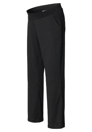 Černé kalhoty s hladkým povrchem, vybavené širokým pasem a bočními kapsami, navržené v rovném střihu.