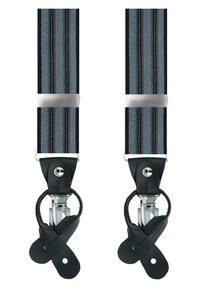 Schwarz-graue elastische Hosenträger mit silberner Hardware, Lederclips und einem strukturierten Design mit reflektierenden Streifen.