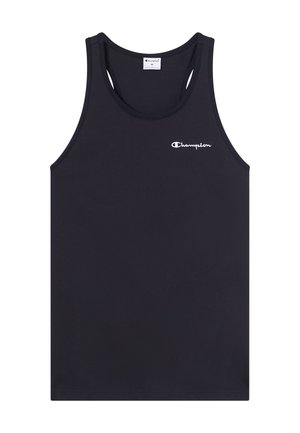 Débardeur noir en coton ; présente un col rond, un design sans manches, et un petit logo blanc à l'avant. Texture lisse et unie.