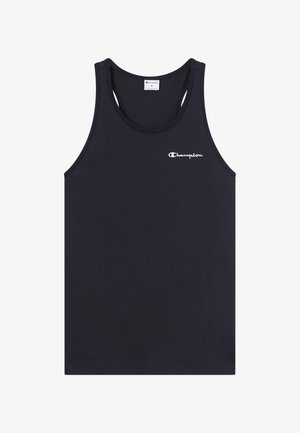 Débardeur noir en coton ; présente un col rond, un design sans manches, et un petit logo blanc à l'avant. Texture lisse et unie.