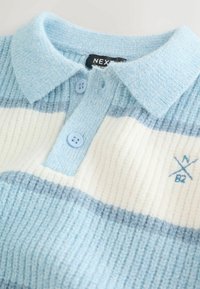 Neulepikeepaita vaaleansinisillä ja valkoisilla raidoilla, jossa on kaulus, kaksi sinistä nappia ja edessä kirjailtu logo.